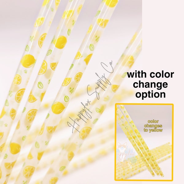 10" ORIGINAL Color Change Lemons Reusable Plastic Straws | 5-30 pack for Tumblers, Cups, Water Bottles | Printed Straws | Decorative |