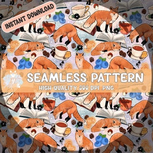 Modèle sans couture Foxy Tea Time 300 DPI. Téléchargement instantané PNG pour papiers numériques, vinyle, conception de surface en tissu, 30 x 12 po.