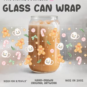 May include: A glass can wrap design featuring a festive holiday theme. The design includes gingerbread men, mugs with snowman faces, candy canes, bows, and stars. The wrap is sized for a 9.75x4.5 inch can and is available in 16oz or 20oz sizes.