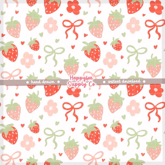 Coquette Strawberries Valentines Day Hearts Bow Seamless Pattern