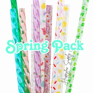 10" Spring Straws Bundle Reusable Plastic Straws Easter Clover Floral Lemons Color Changing Plastic Straws St Patty's Day Spring Accessories