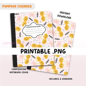 May include: Composition notebook covers with a pink background and a pattern of yellow pumpkin cherries, pink bows, gray bats, and white ghosts. The cover includes the text "COMPOSITION BOOK" and "PRINTABLE .PNG". The design is for Halloween.