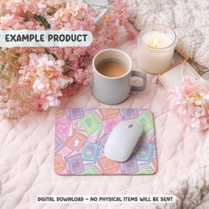 May include: A patterned mouse mat with illustrations of books, a white computer mouse, and a grey mug containing a drink. The image includes the text "EXAMPLE PRODUCT" and "DIGITAL DOWNLOAD - NO PHYSICAL ITEMS WILL BE SENT."