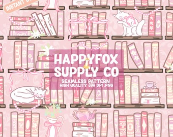 Coquette Bookshelf Seamless Pattern 300 DPI PNG Download for Digital Papers Vinyl Fabric Surface Design Bookish Book Lovers Soft Girl Bows
