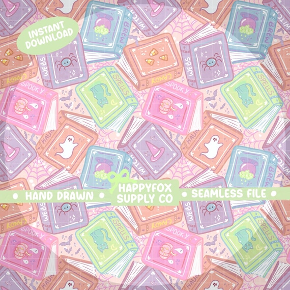 Halloween Books Reader Seamless Pattern 300 DPI PNG Download for Digital Papers Vinyl Fabric Surface Design Bookish Book Lover Spooky Pastel