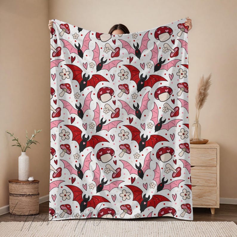 Valentinstag Decke Decke Couch Couch Baby Decke Valentinstag Decke Fledermäuse Gruselige Decke Whimsigoth Dekor Bettwäsche Gothic Dekor Spooky Girl Bild 1