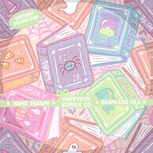 May include: A seamless pattern illustration of open spell books in various colours. Each book features unique designs, such as a spider, potion, and candy corn. The spines display words like "WEBS", "SPELLS", "BREW", and "SPOOKY". The image also includes the text "INSTANT DOWNLOAD", "HAND DRAWN", and "SEAMLESS FILE".