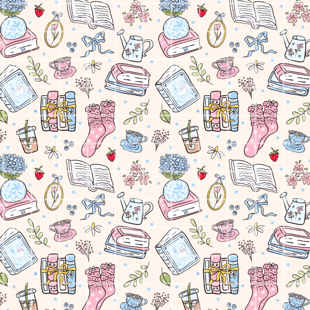 Bookish Seamless Pattern PNG Cozy Reading Hydrangea Iced Coffee ...
