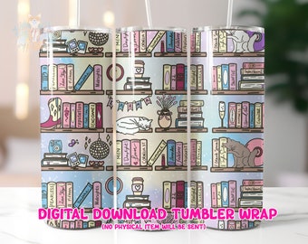 Pop Bookshelf 20oz Skinny Tumbler Wrap Sublimacja 300 DPI Prosta folia do kubka PNG Bookish Wrap Książka Prezent Czytanie Tumbler PNG