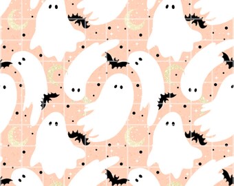 Cute Ghost Seamless Pattern PNG, Peach Halloween Digital Paper, Bat and Moon Tumbler Wrap Sublimation File
