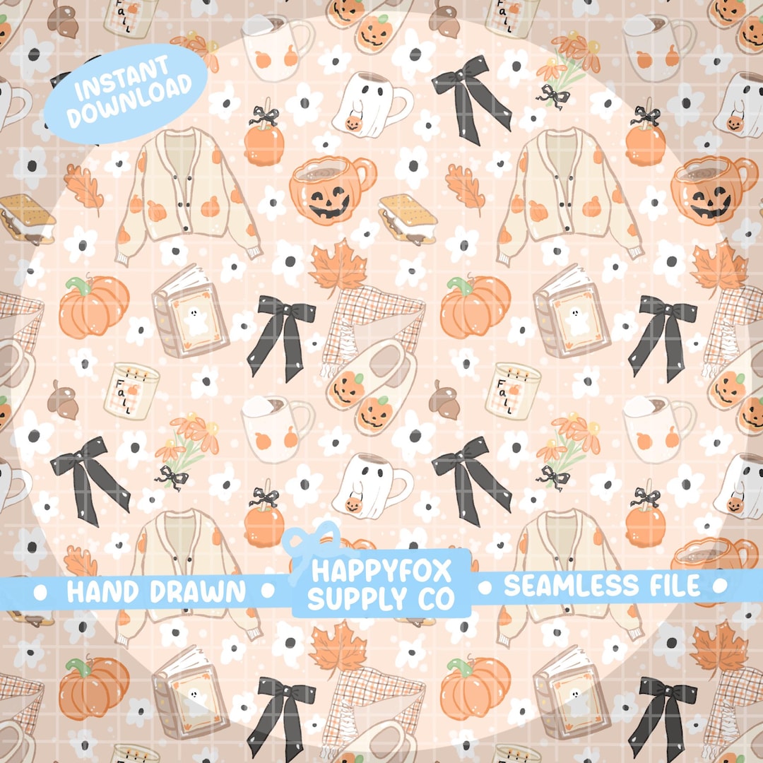 Bookish Fall Halloween Hygge Seamless Pattern PNG Digital Paper Vinyl ...