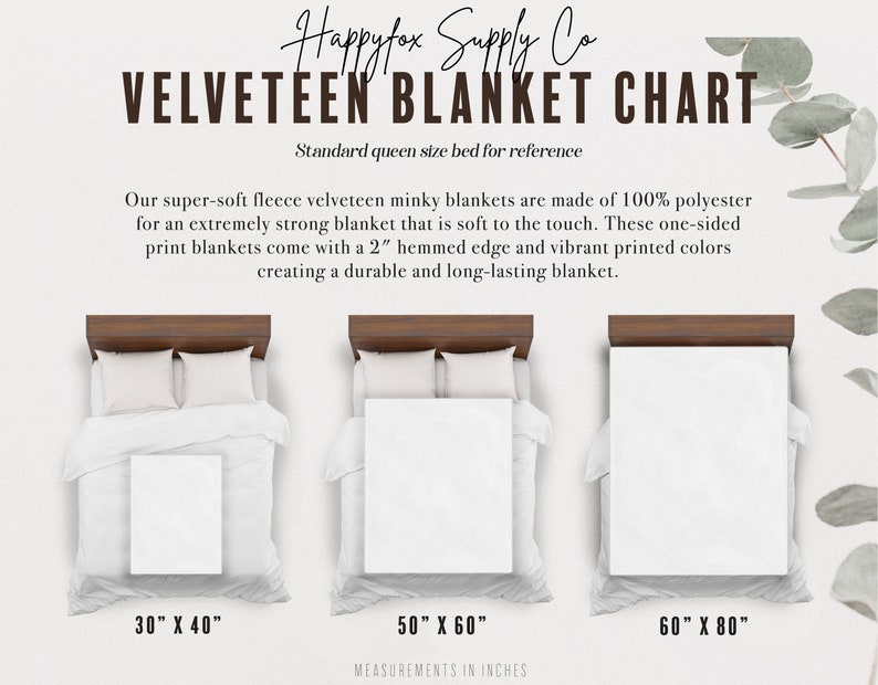 May include: A chart showing three different sizes of velveteen blankets, with a queen-sized bed for reference. The blankets are made of 100% polyester and come in sizes 30" x 40", 50" x 60", and 60" x 80".