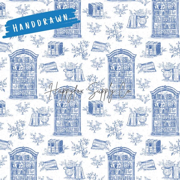Bookish Toile De Jouy Seamless Pattern 300 DPI PNG Sofortiger Download Digitale Papiere Vinyl Stoff Oberflächendesign Kokette Datei Buchliebhaber PNG
