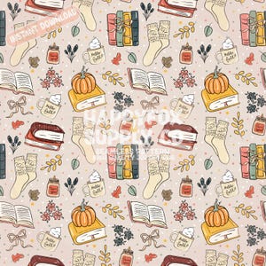 Patrón sin costuras de Halloween otoñal de libros, 300 DPI, PNG, descarga instantánea, papel digital, vinilo, tela, diseño de superficie, archivo acogedor de otoño