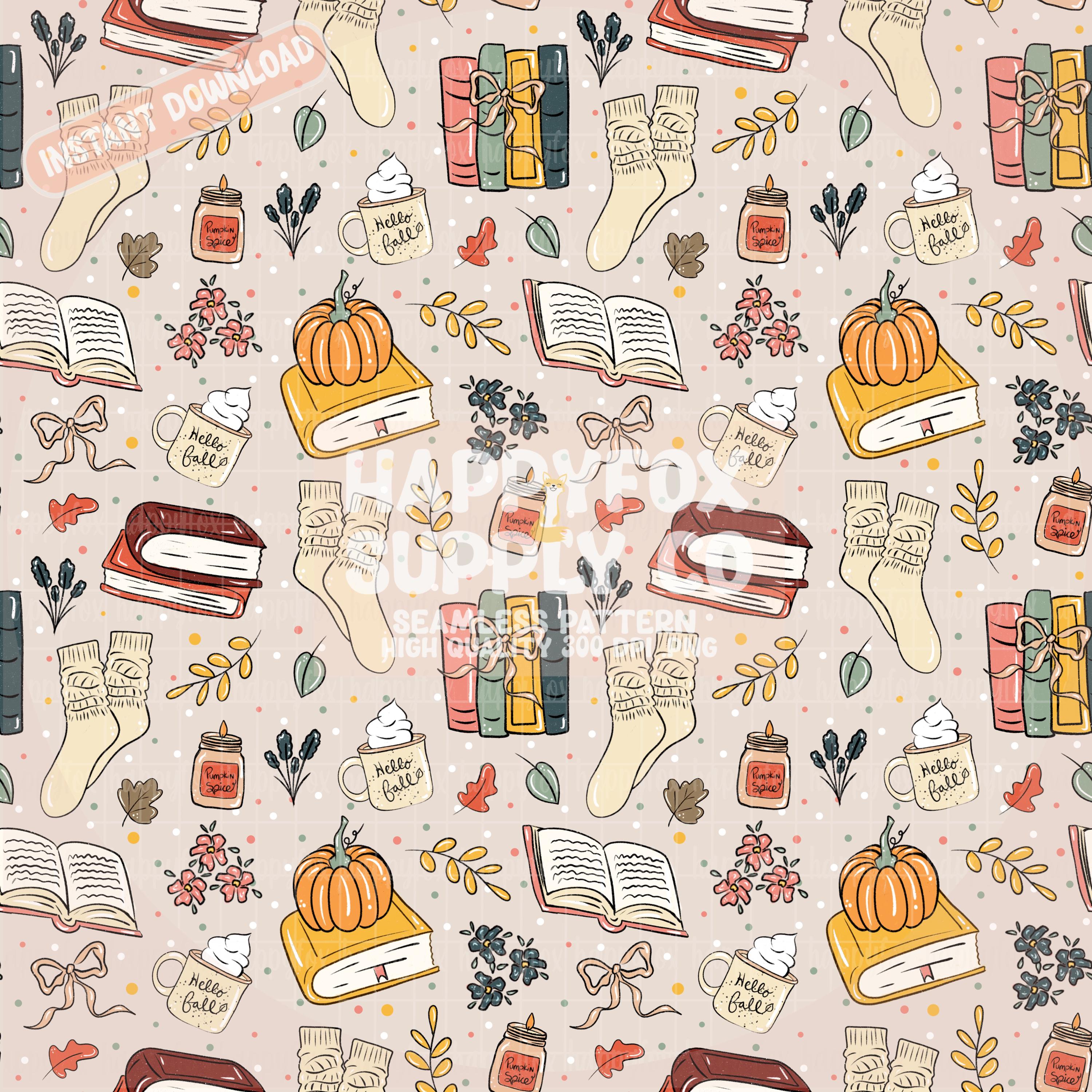 Bookish Fall Halloween Seamless Pattern 300 DPI PNG Instant Download Digital Papers Vinyl Fabric Surface Design Fall Autumn Cozy File
