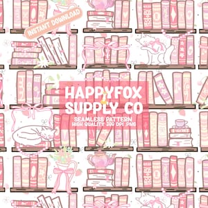 Coquette boekenplank naadloos patroon 300 DPI PNG-download voor digitaal papier Vinyl stof Surface Design leesgrage boekenliefhebbers zachte meisjesstrikken