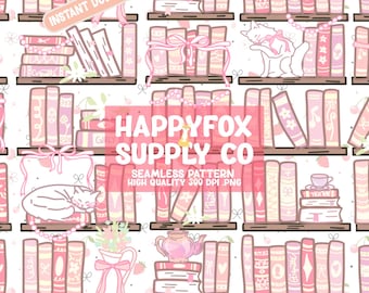 Coquette Bookshelf Seamless Pattern 300 DPI PNG Download for Digital Papers Vinyl Fabric Surface Design Bookish Book Lovers Soft Girl Bows