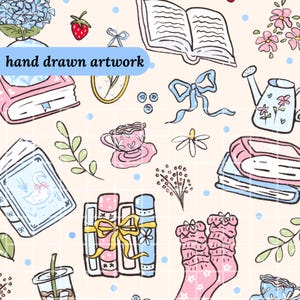 Patrón sin costuras de libros PNG, lectura acogedora, hortensia, café helado, chica literaria, coqueta, lazo, papel digital, sublimación, tela, uso comercial