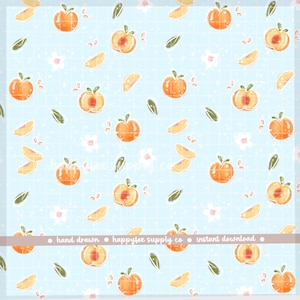 Naadloze perzikpatroon 300 DPI. PNG Instant Download voor digitaal papier, vinyl, stof Surface Design Lente Zomer Fruit PNG Blauw