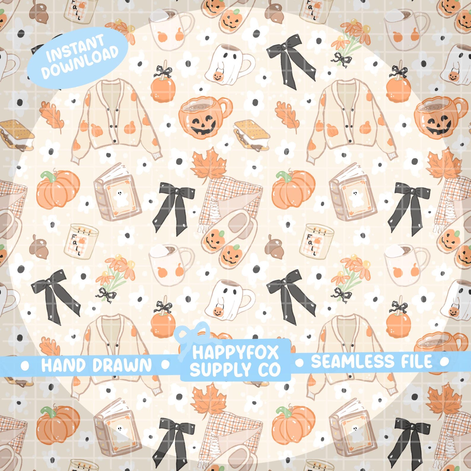 Bookish Fall Halloween Hygge Seamless Pattern PNG Digital Paper Vinyl ...