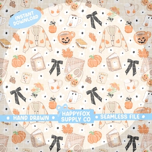 Può includere: Un motivo senza cuciture con illustrazioni a tema autunnale. Il design include zucche, tazze, libri, maglioni, fiocchi e foglie nei toni dell'arancione, crema e nero. È presente anche il testo "Instant Download", "Hand Drawn", "HappyFox Supply Co" e "Seamless File".
