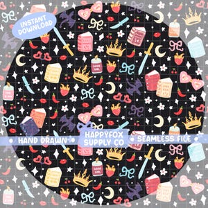 May include: A seamless digital pattern featuring a dark background with a grid design. The pattern includes various whimsical elements such as hearts, crowns, books, swords, and text that reads "INSTANT DOWNLOAD", "HAPPYFOX SUPPLY CO", and "SEAMLESS FILE".