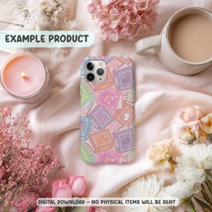 May include: A pastel-coloured phone case with a repeating pattern of illustrated books with Halloween-themed designs. The books have images of spiders, ghosts, and witch hats. The text "EXAMPLE PRODUCT" is at the top, and "DIGITAL DOWNLOAD - NO PHYSICAL ITEMS WILL BE SENT" is at the bottom.