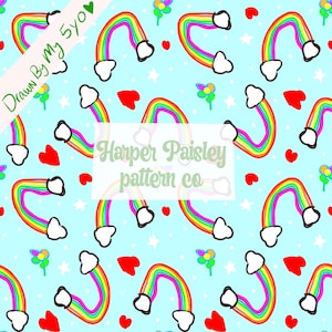 Könnte beinhalten: Ein nahtloses Muster mit bunten Regenbögen, weißen Wolken, roten Herzen und grünen Blumen auf hellblauem Hintergrund. Der Text "Harper Paisley pattern co" befindet sich in der Mitte des Bildes.