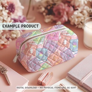 May include: A pink quilted cosmetic bag with a zip closure, patterned with colourful illustrated books and ghosts. The bag has a silver zip and a small silver charm. The text "EXAMPLE PRODUCT" is visible on the top left.