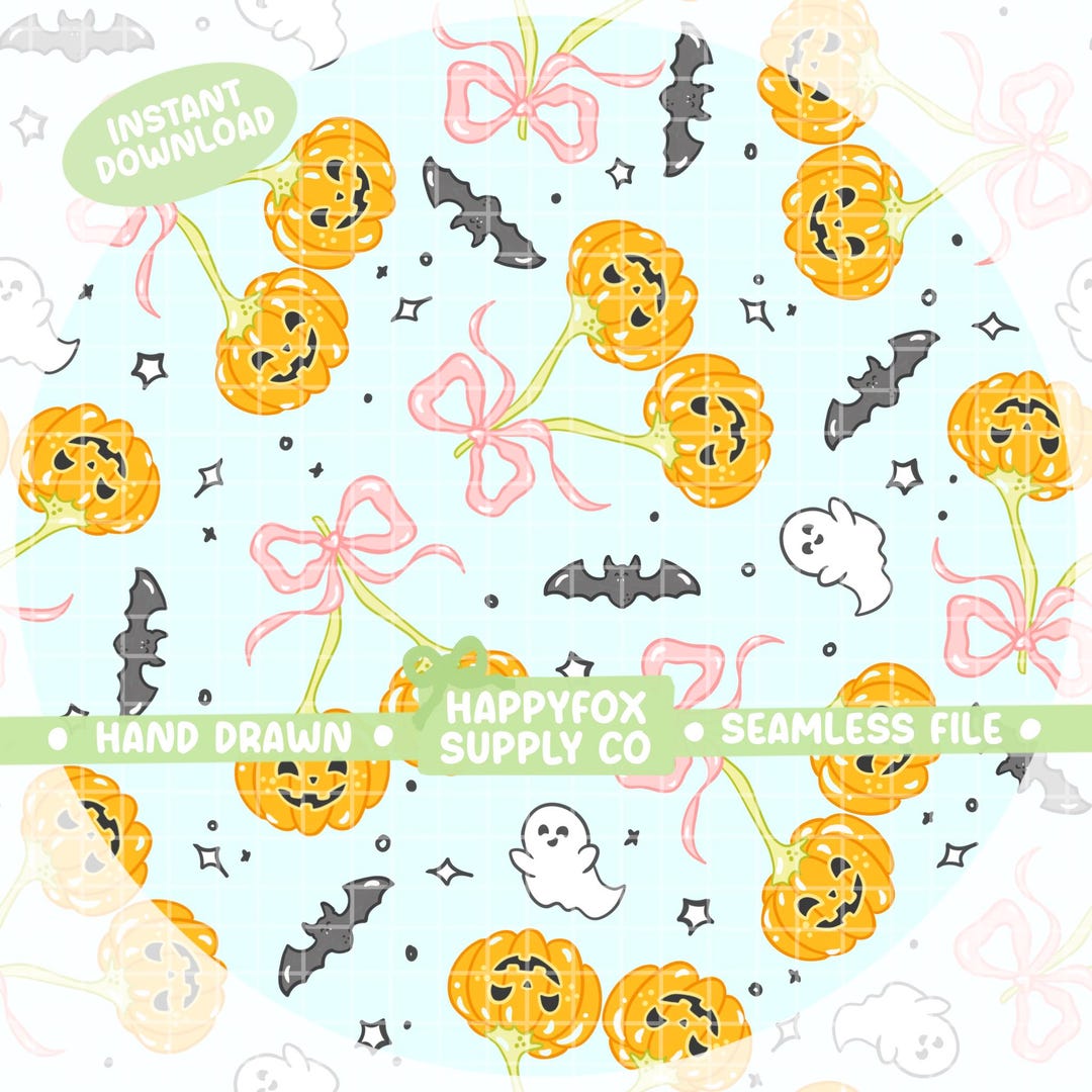 Coquette Pumpkins Halloween Seamless Pattern Hand Drawn PNG Download ...