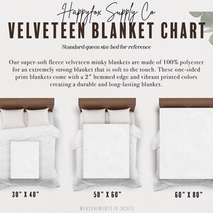 K&ouml;nnte beinhalten: Ein Diagramm, das drei verschiedene Gr&ouml;&szlig;en von Samtdecken zeigt, mit einem Queensize-Bett als Referenz. Die Decken bestehen aus 100% Polyester und sind in den Gr&ouml;&szlig;en 30" x 40", 50" x 60" und 60" x 80" erh&auml;ltlich.