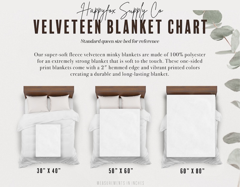 K&ouml;nnte beinhalten: Ein Diagramm, das drei verschiedene Gr&ouml;&szlig;en von Samtdecken zeigt, mit einem Queensize-Bett als Referenz. Die Decken bestehen aus 100% Polyester und sind in den Gr&ouml;&szlig;en 30" x 40", 50" x 60" und 60" x 80" erh&auml;ltlich.