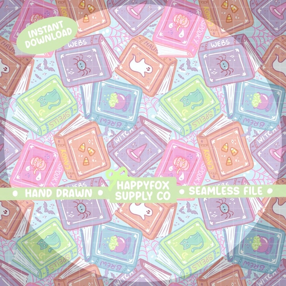 Halloween Books Reader Seamless Pattern 300 DPI PNG Download for Digital Papers Vinyl Fabric Surface Design Bookish Book Lover Spooky Pastel