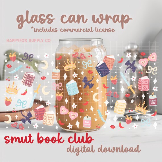 Smut Book Club Tropes Digital File 16oz Glass Can Wrap 300 DPI PNG UVDTF Sublimation Printed Vinyl Transparent Wrap Books Book Lover Bookish