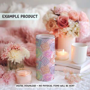 May include: A tall, cylindrical tumbler featuring a repeating pattern of colourful, cartoonish books. The background is a soft pink, and the text "EXAMPLE PRODUCT" and "DIGITAL DOWNLOAD - NO PHYSICAL ITEMS WILL BE SENT" are visible.