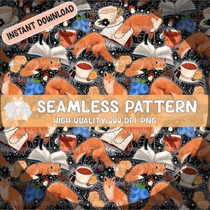 Foxy Tea Time Dark Seamless Pattern 300 DPI. Téléchargement instantané PNG pour papiers numériques, vinyle, conception de surface en tissu, 12 x 12 po.