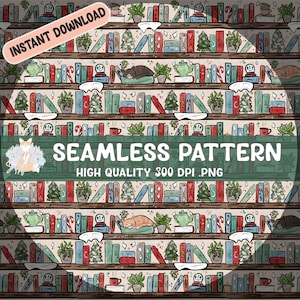 Kerst boekenplank naadloos patroon 300 DPI. PNG Instant Download voor digitale papieren, vinyl, stof oppervlakteontwerp, 12 "x 12" formaat