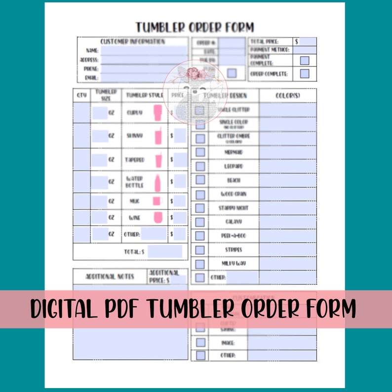 fillableprintableeditable tumbler order form digital etsy