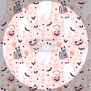 May include: A pink and white seamless pattern featuring a variety of Halloween-themed illustrations, including ghosts, bats, candy corn, jack-o'-lanterns, and a skeleton cat. The text "Spooky girl" appears multiple times in the pattern.