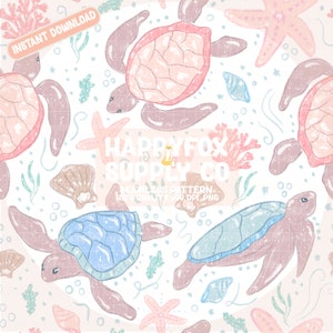 May include: A seamless pattern featuring sea turtles, starfish, seashells, and coral in shades of pink, blue, and brown on a white background. The text "Instant Download" is visible in the upper left corner. The text "HappyFox Supply Co" is also visible.