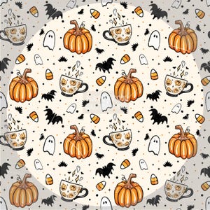 Koffie pompoenen Halloween naadloze patroon 300 DPI PNG Instant Download digitale papers Vinyl stof Surface Design Spooky Autumn-bestand