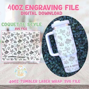 Coquette Laser Wrap 40oz Gravação .SVG Arquivo para Laser Engraved Tumbler Wrap Tumbler Wrap caro e difícil Botanical Soft Girl Bows