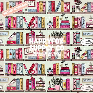 May include: A seamless digital pattern featuring rows of bookshelves filled with colorful books, potted plants, candles, and a knife. The books have various titles like Good Girl, Smut, and Banned. The background is a light green with small stars.