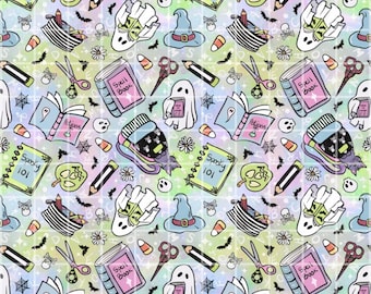 Spooky School Seamless Pattern Digital Paper, Halloween School Supplies Pattern, Cute Ghost Witch Fabric Print, Teacher Scrapbook Paper
