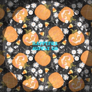 Abóboras florais e Jackolanterns Padrão sem costura 300 DPI PNG Download instantâneo Papéis digitais Design de superfície de tecido de vinil Arquivo de margaridas assustadoras