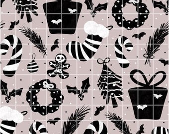 Goth Christmas naadloze patroon digitaal papier, zwart kerstpatroon, spookachtige vakantie stof print, vleermuis snoepgoed skelet plakboekpapier