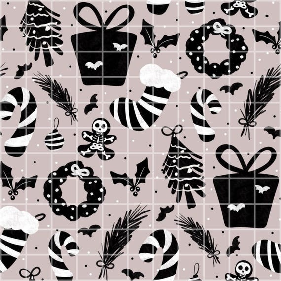 Goth Christmas Seamless Pattern Digital Paper, Black Christmas Pattern, Spooky Holiday Fabric Print, Bat Candy Cane Skeleton Scrapbook Paper