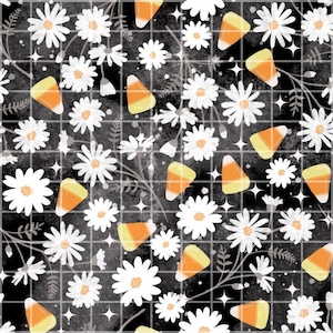 Patrón sin costuras de margaritas de maíz dulce PNG, papel digital floral espeluznante para Halloween, bonito archivo de sublimación para envoltorio de vaso de otoño