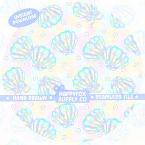 May include: A digital download featuring a seamless pattern of pastel-colored seashells with iridescent highlights and bows. The design includes the text "Instant Download", "Hand Drawn", "Happyfox Supply Co", and "Seamless File".