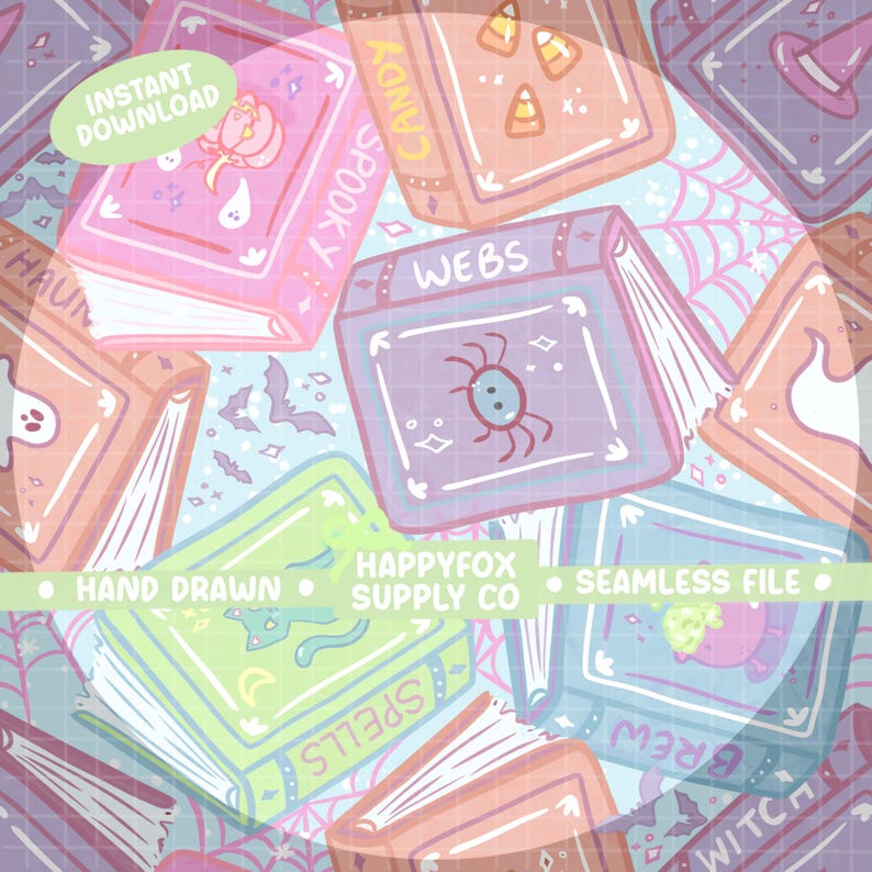 Puede incluir: Ilustraci&oacute;n digital repetitiva de libros de hechizos abiertos en colores pastel. Los libros est&aacute;n decorados con im&aacute;genes y textos tem&aacute;ticos de Halloween, incluyendo murci&eacute;lagos, ara&ntilde;as y las palabras "Spells" y "Candy". El texto "Instant Download" tambi&eacute;n es visible.